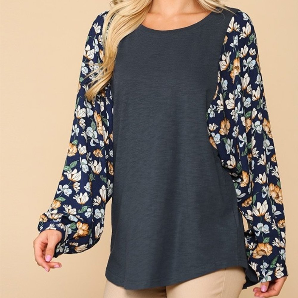 GIGIO/UMGEE Navy With Floral Printed Dolman Sleeves Top